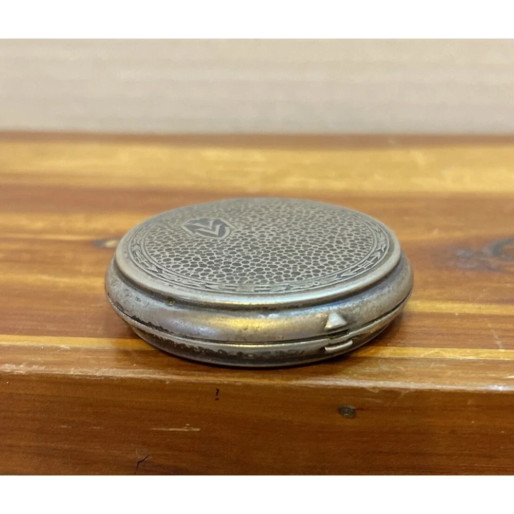 Vintage Ornate Silver Tone Trinket Pill Box‎ Hammered Metal Shield Design